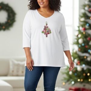 Quacker Factory White‎ Embroidered Rhinestone Christmas Tree Knit Top Size 2X